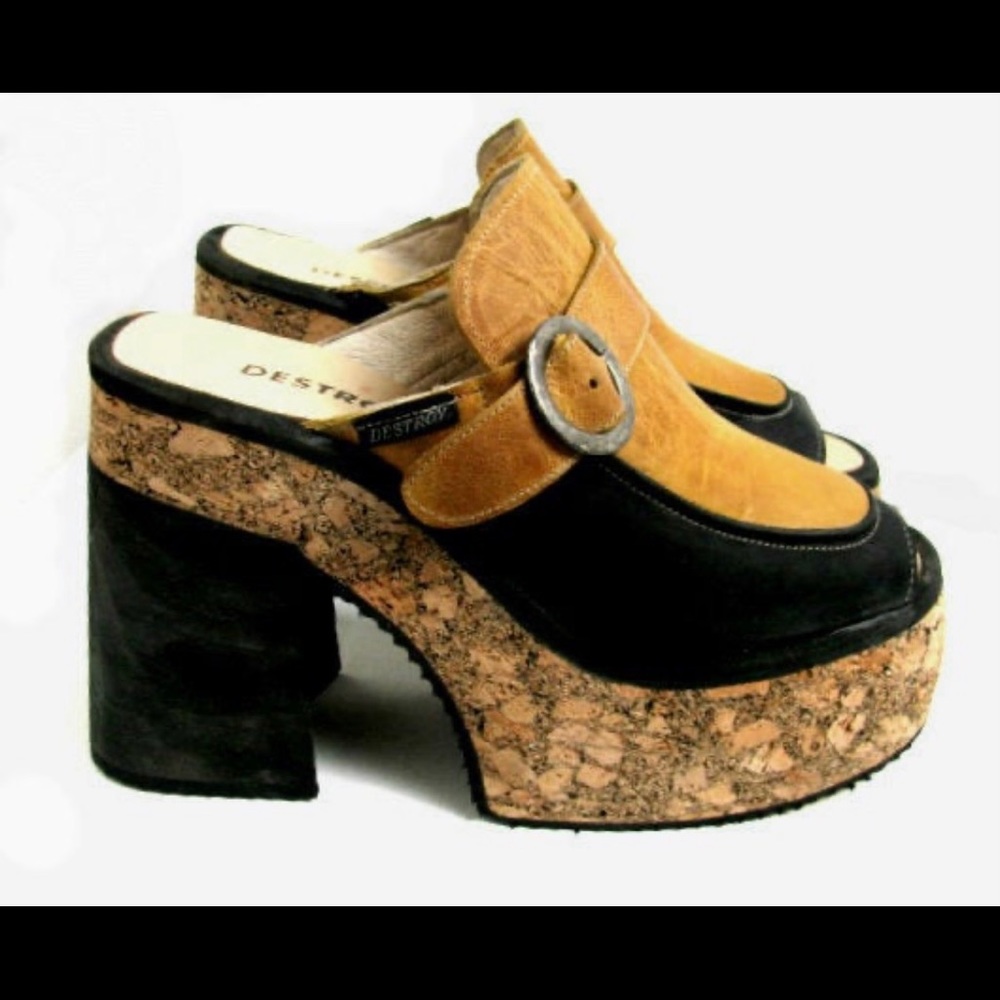 Cork Platform Vintage Women Destroy Mustard Yellow and Black Leather Mules Clogs